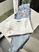 Çiçek Aplikeli 2’li Kız Çocuk Takım (Krem - Açık Mavi Jean) - 4