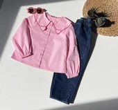 Kalp Detaylı Pembe Gömlek ve Koyu Mavi Kot Pantolon Takım - 1