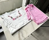 Çiçek Nakışlı Fırfırlı Bluz ve Pembe Keten Şort Takım - 2