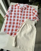 Kırmızı Ekoseli Gömlek ve Krem Şort Takım thumbnail 3