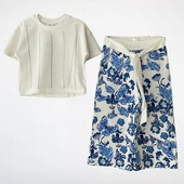 Taşlı Tişört ve Mavi Desenli Pantolonlu Takım - 1