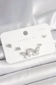 925 Ayar Gümüş Çivi Pirinç Gümüş Renk Zirkon Taşlı Kelebek Model Kadın Küpe Seti - TJ-BKP10394 - 1