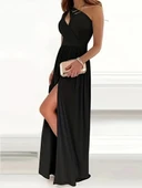 Kadın Omuzlardan Açık Asimetrik Yaka Detaylı Yırtmaçlı Maksi Boy Janjan Krep Elbise thumbnail 4