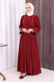 Çizgi Detaylı Boydan Fermuarlı Tam Boy Ferace 6011 Bordo thumbnail 3