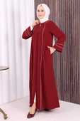 Çizgi Detaylı Boydan Fermuarlı Tam Boy Ferace 6011 Bordo thumbnail 4
