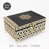 Desenli Kutu Çeyizlik, Şal + Seccade + Tesbih + Kuran Hediye Seti (Orta B. Kadife, Siyah, Elif-Vav) - 1