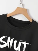 Baskılı Oversize Bisiklet Yaka T-shirt - Siyah - 2