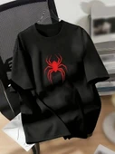 Baskılı Oversize Bisiklet Yaka T-shirt - Siyah - 1