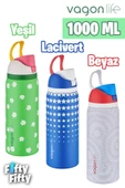 Vagonlife 1000 ML Tek Kapak Çift Kullanım Pipetli/Pipetsiz Taşıma Kulplu Çelik Termos -FFVGN045ML1000Desenli - 1