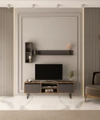 140 Cm 2 Kapaklı Raflı Kitaplıklı Metal Ayaklı  Modern TV Ünitesi TV Sehpası - 2