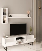140 Cm 2 Kapaklı Raflı Kitaplıklı Metal Ayaklı  Modern TV Ünitesi TV Sehpası - 1