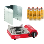 Orcamp Mini Portatif Kamp Ocağı Kırmızı + 6 Kanatlı Rüzgarlık + 7 Evolite 227 gr Gaz Kartuşu EVO-004-E6 - 1