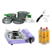 Orcamp Mini Portatif Kamp Ocağı Mor + 4'lü Tencere Seti + ÇKB(OUT-1350-S) + 3 Evolite 227 gr Gaz Kartuşu EVO-005-D2 - 1