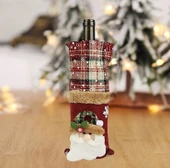 Noel Temalı Ekose Keten Şampanya - Şarap Şişesi Kılıfı - 3