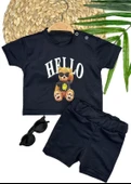 9-12-18-24 Ay Hello Gözlüklü Ayıcık Baskılı Şortlu Kısa Kollu Tişört 2li Erkek Bebek Takımı - 1