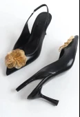 Feles Sarı Gül Detaylı Arkası Açık Stiletto Kadın Topuklu Ayakkabı - 5