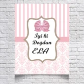 Pembe Çizğili Damask Desenli Doğum Günü Afişi 35X50 cm - 1