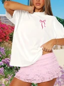 Fiyonk Baskılı Oversize Bisiklet Yaka T-shirt - Beyaz - 2