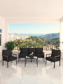 Modern Serisi Bahçe Takımı, Bahçe Mobilyası, Metal Koltuk Takımı - 3+1+1 Sehpalı - Bendir Siyah - 3