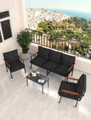 Modern Serisi Bahçe Takımı, Bahçe Mobilyası, Metal Koltuk Takımı - 3+1+1 Sehpalı - Bendir Siyah - 2