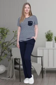 Mecit 6202 Bayan Lacivert Çizgili Büyük Beden Pijama Takımı - 4