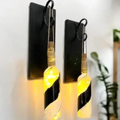 Led Işıklı Ahşap Siyah Renkli Vitray Cam Salon Bar Bahçe Dekoru Şarap Şişesi Duvar Aplik 2'li Set - 2