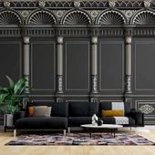 3D Siyah Panel Altın Motif ve Sütun Duvar Kağıdı Baskı - 1