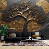 3D Kabartma Siyah Altın Ağaç Duvar Kağıdı Baskı thumbnail 1