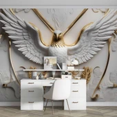 3D Kabartma Beyaz Altın Kartal Duvar Kağıdı Baskı thumbnail 4