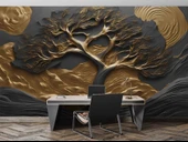 3D Kabartma Siyah Altın Ağaç Duvar Kağıdı Baskı thumbnail 4