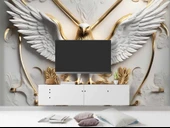 3D Kabartma Beyaz Altın Kartal Duvar Kağıdı Baskı thumbnail 3
