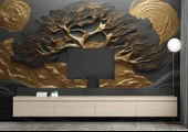 3D Kabartma Siyah Altın Ağaç Duvar Kağıdı Baskı thumbnail 3