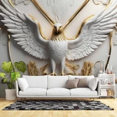 3D Kabartma Beyaz Altın Kartal Duvar Kağıdı Baskı thumbnail 1