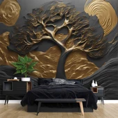 3D Kabartma Siyah Altın Ağaç Duvar Kağıdı Baskı thumbnail 2