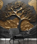 3D Kabartma Siyah Altın Ağaç Duvar Kağıdı Baskı thumbnail 6