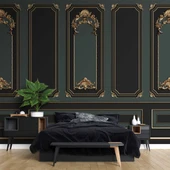 3 Boyutlu Siya ve Yeşil Panel Altın Motif Duvar Kağıdı Baskı thumbnail 2