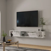 T006 Viero Mermer Desenli Duvara Monte TV Ünitesi – 160 cm, Kapaklı Raflı, Beyaz - 4