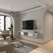 T006 Viero Mermer Desenli Duvara Monte TV Ünitesi – 160 cm, Kapaklı Raflı, Beyaz - 6