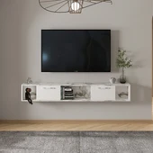 T006 Viero Mermer Desenli Duvara Monte TV Ünitesi – 160 cm, Kapaklı Raflı, Beyaz - 1