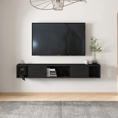 T006 Viero Mermer Desenli Duvara Monte TV Ünitesi – 160 cm, Kapaklı Raflı, Siyah - 1