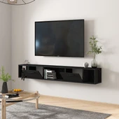 T006 Viero Mermer Desenli Duvara Monte TV Ünitesi – 160 cm, Kapaklı Raflı, Siyah - 4
