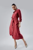 Bordo Regular Fit Kuşak Kemerli Gömlek Elbise - 2