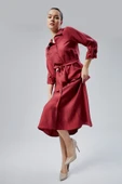 Bordo Regular Fit Kuşak Kemerli Gömlek Elbise - 1