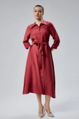 Bordo Regular Fit Kuşak Kemerli Gömlek Elbise - 10