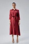 Bordo Regular Fit Kuşak Kemerli Gömlek Elbise - 11