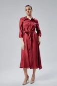 Bordo Regular Fit Kuşak Kemerli Gömlek Elbise - 9