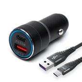 USB Type C Araç Şarj Cihazı Siyah Renk- 2 Port, Hızlı Şarj 30W Çakmaklık Adaptörü - 1
