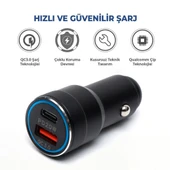 USB Type C Araç Şarj Cihazı Siyah Renk- 2 Port, Hızlı Şarj 30W Çakmaklık Adaptörü - 2