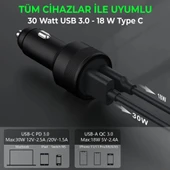USB Type C Araç Şarj Cihazı Siyah Renk- 2 Port, Hızlı Şarj 30W Çakmaklık Adaptörü - 5