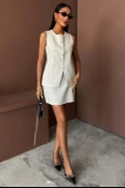 Uzun Yelek Mini Etek Flamlı Keten Takım 10148 - 1
